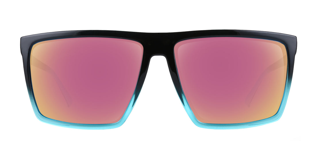 Front close-up of Arizona XL sunglasses showing glossy black-to-blue rectangular frame and pink mirrored prescription lenses on white background