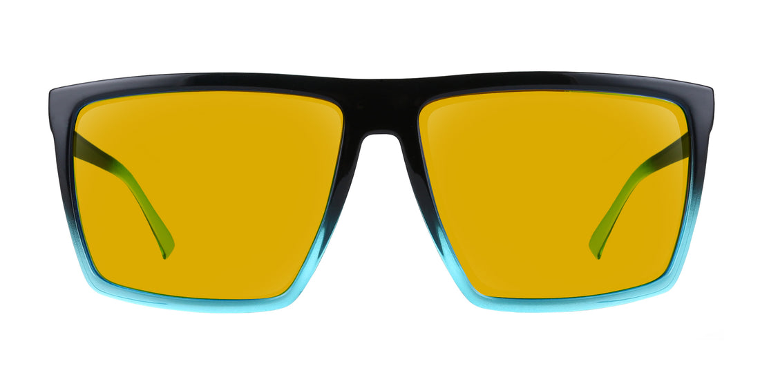 Front close-up of Arizona XL sunglasses showing glossy black-to-blue frame and yellow lenses on white