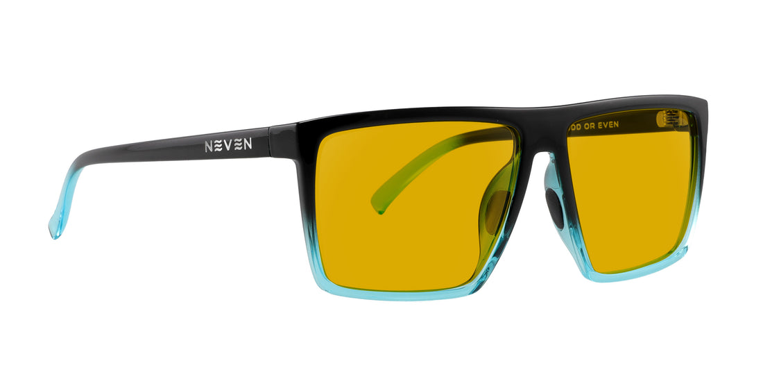 Right view of Arizona XL prescription sunglasses with glossy black-to-blue fade frame and yellow lenses on white