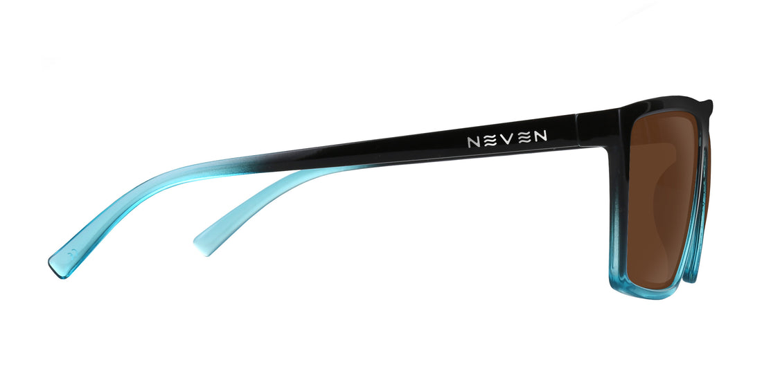 Side view of Arizona XL prescription glasses showcasing a glossy black-to-light-blue rectangular frame and brown lenses on a white background