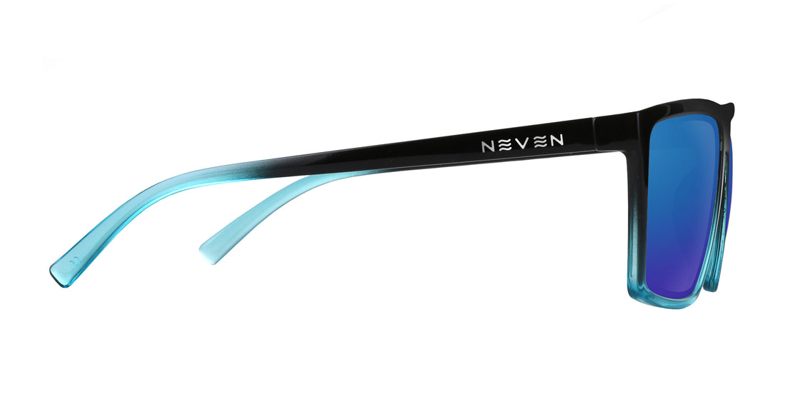 Side view of Arizona XL sunglasses showcasing glossy black frame fading to light blue, blue mirrored lenses and Neven logo on white background