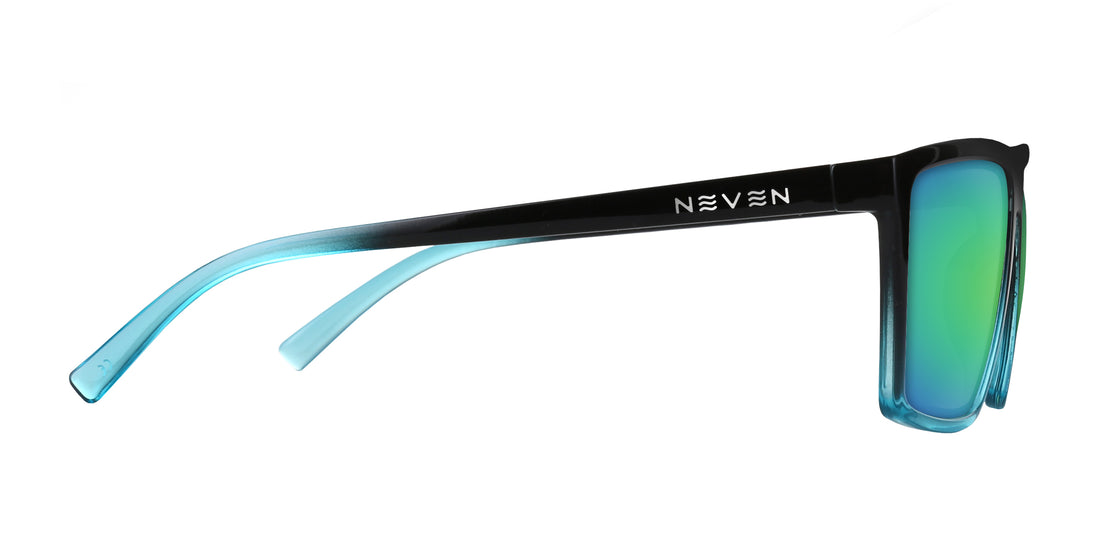 Side view of Arizona XL prescription sunglasses showing black-to-blue rectangular frame, Neven logo, and green mirrored lens