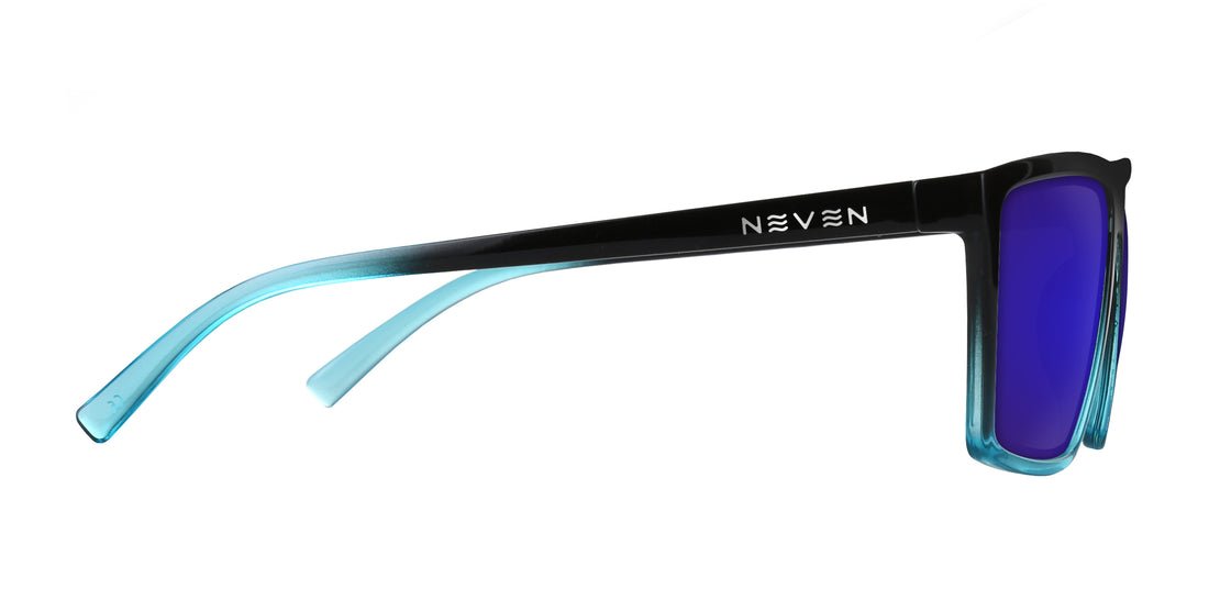 Side view of Arizona XL sunglasses with black-to-blue gradient frame, purple lens, Neven logo on temple, white background