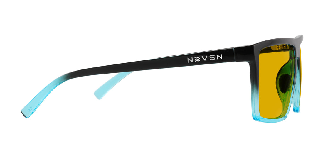 Side view of Arizona XL sunglasses showcasing black-to-blue frame, yellow lenses, Neven logo, white background