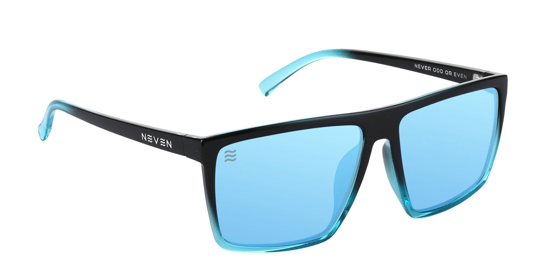 Three-quarter view of Arizona XL sunglasses showing black-to-blue gradient frame and blue mirrored polarized lenses on white