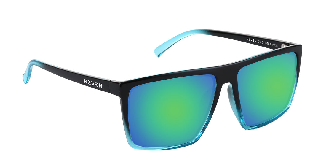 Three-quarter view of Arizona XL Rx sunglasses with black-to-blue rectangular frame and green mirrored lenses on white background