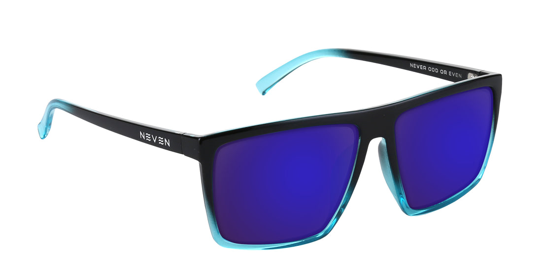Angled close-up of Arizona XL sunglasses showing glossy black-to-light-blue frame and blue mirrored lenses on white