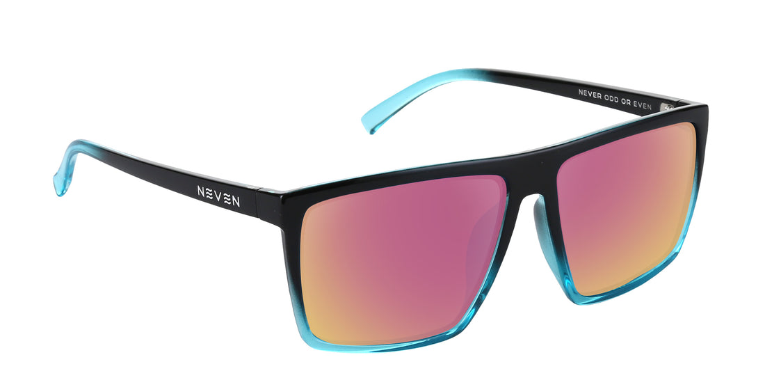 Three-quarter view of Arizona XL sunglasses showing glossy black-to-blue frame and rose-pink mirrored lenses on white background