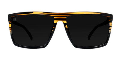 Three-quarter view of Asbury XL sunglasses showing X-Large glossy black wood-grain frame with dark polarized lenses on white background