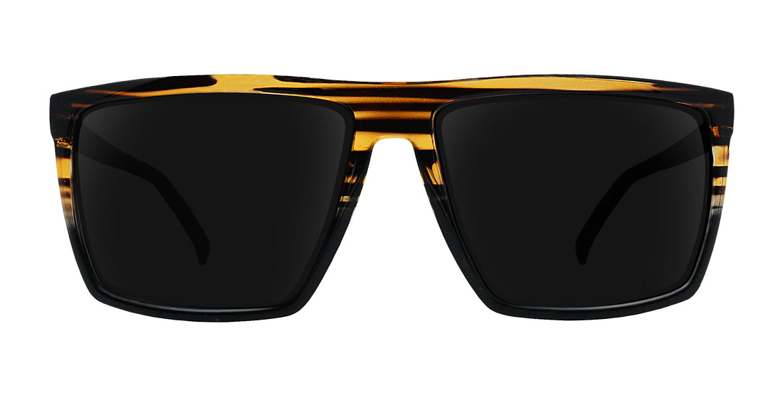 Front close-up of Asbury XL prescription sunglasses showing glossy black wood-grain frame and dark lenses