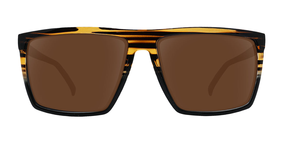 Front view of Asbury XL Rx sunglasses showcasing oversized glossy black wood-grain frame and brown lenses