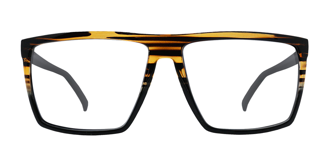 Front view of Asbury XL prescription sunglasses showcasing oversized glossy black wood-grain frame with clear lenses on white
