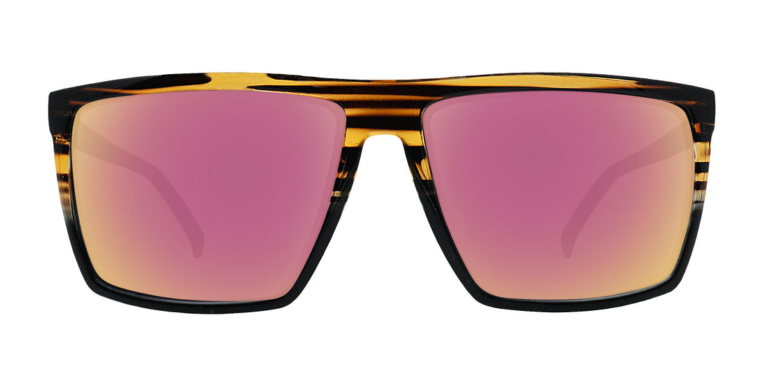 Front view of Asbury XL prescription sunglasses with glossy black wood-grain oversized frame and pink mirrored lenses on white