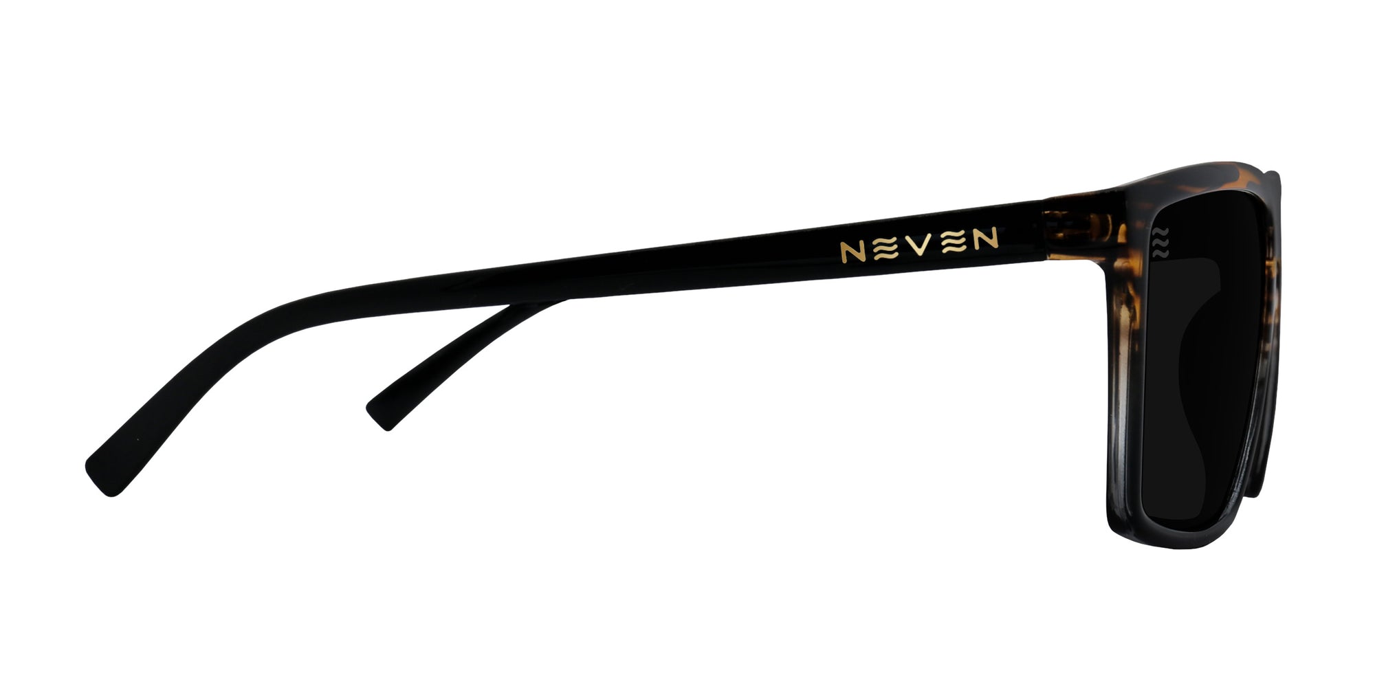 Side of Asbury XL sunglasses showing glossy black wood-grain X-Large frame and dark polarized lenses on white background