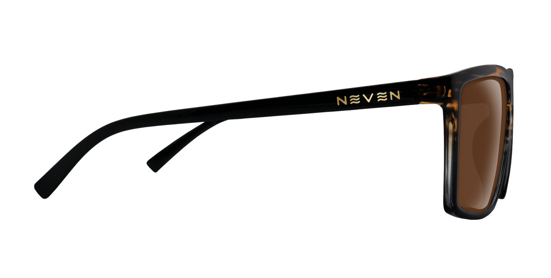 Side view of Asbury XL Rx sunglasses showing black woodgrain temple with gold NEVEN logo and brown lens on white