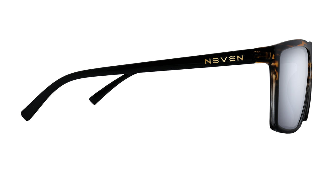 Side view of Asbury XL Rx sunglasses showcasing glossy black wood-grain XL frame and gold NEVEN logo on the temple with white background