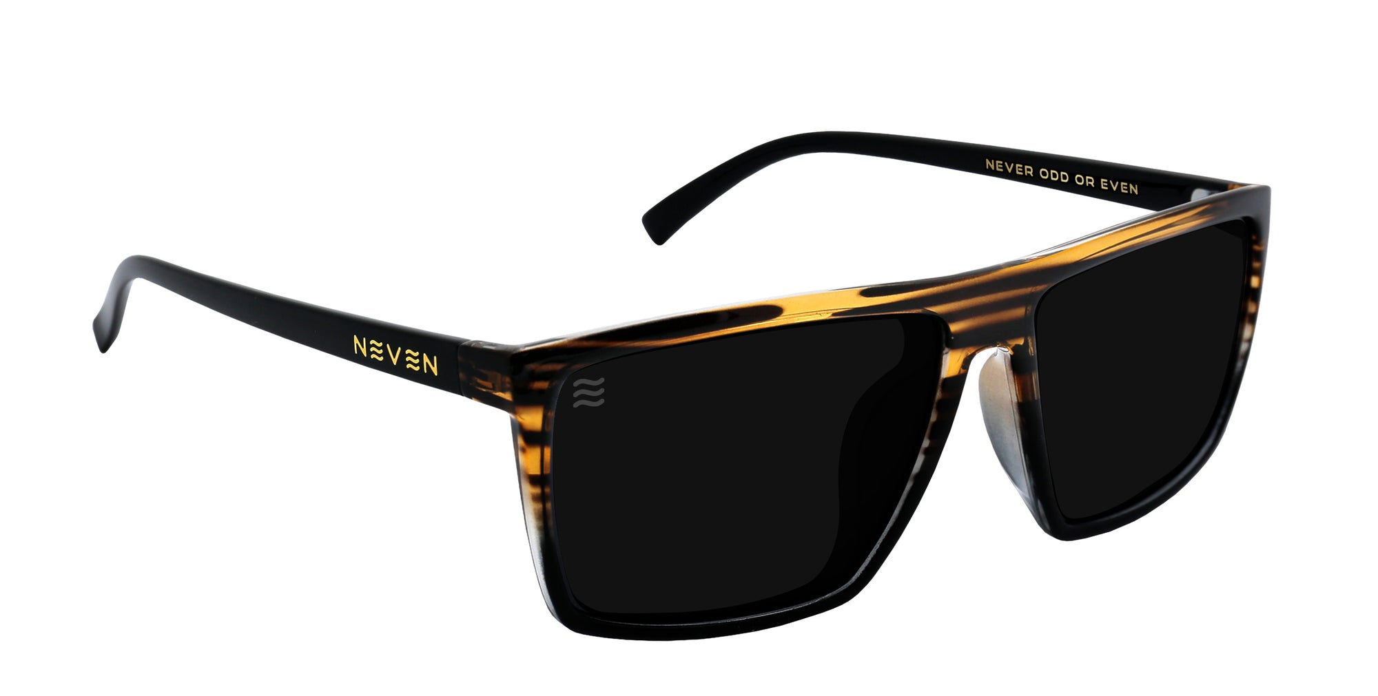 Close-up of Asbury XL sunglasses showing glossy black wood-grain XL frame and dark polarized lenses on white background