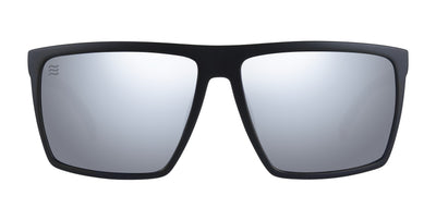 Three-quarter view of August XL sunglasses showcasing matte black X-Large frame with silver accents and silver-mirrored polarized lenses on white background