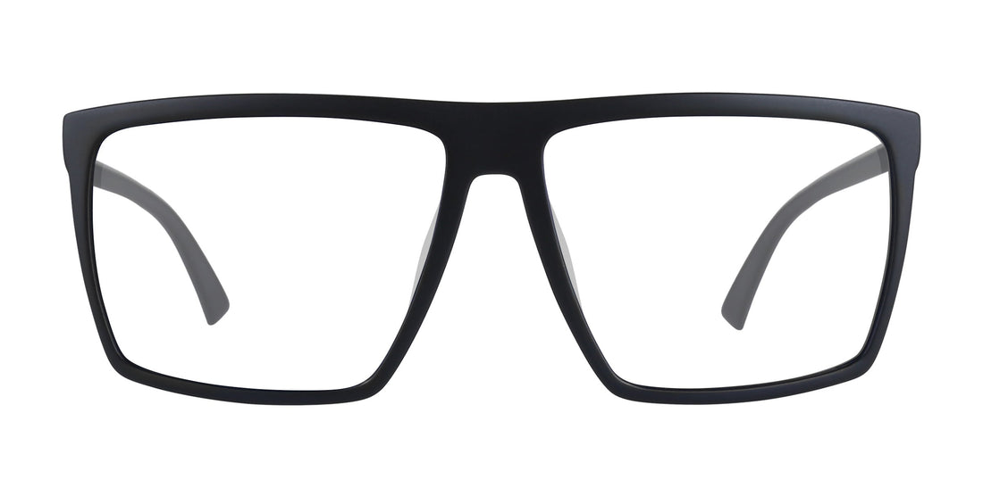Front view of August XL prescription sunglasses extra-large matte black frame with clear lenses on white background