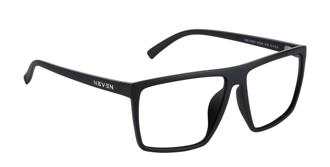 Three-quarter close-up of August XL prescription frames showing matte black oversized frame, silver hinge and NEVEN temple logo on white background