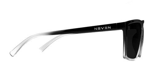 Side view of Colorado Bulldog XL sunglasses with black to clear frame, polarized lenses and NEVEN logo on white background