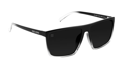 Angled close-up of Colorado Bulldog XL sunglasses showcasing black-to-clear glossy rectangular frame, dark polarized lenses, and NEVEN temple logo on white background
