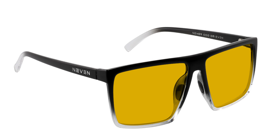 Close-up of Colorado Bulldog XL sunglasses showcasing glossy black-to-clear rectangular frame and yellow prescription lenses on white background