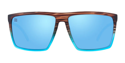Three-quarter view of Melby XL sunglasses showcasing brown wood-grain frame and blue mirrored lenses