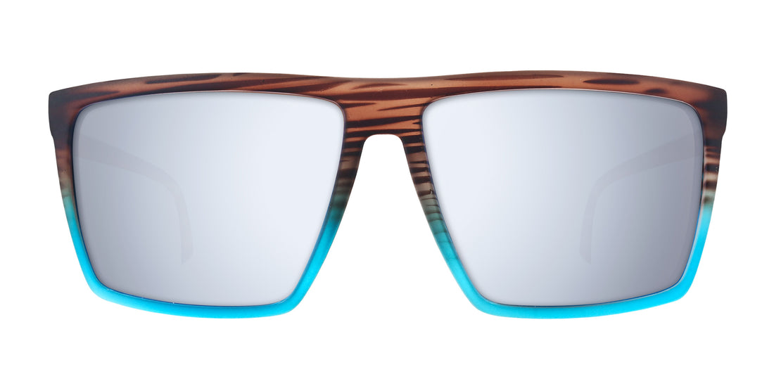 Front of Melby XL sunglasses with gradient wood to turquoise matte frame and silver mirrored lenses on white background