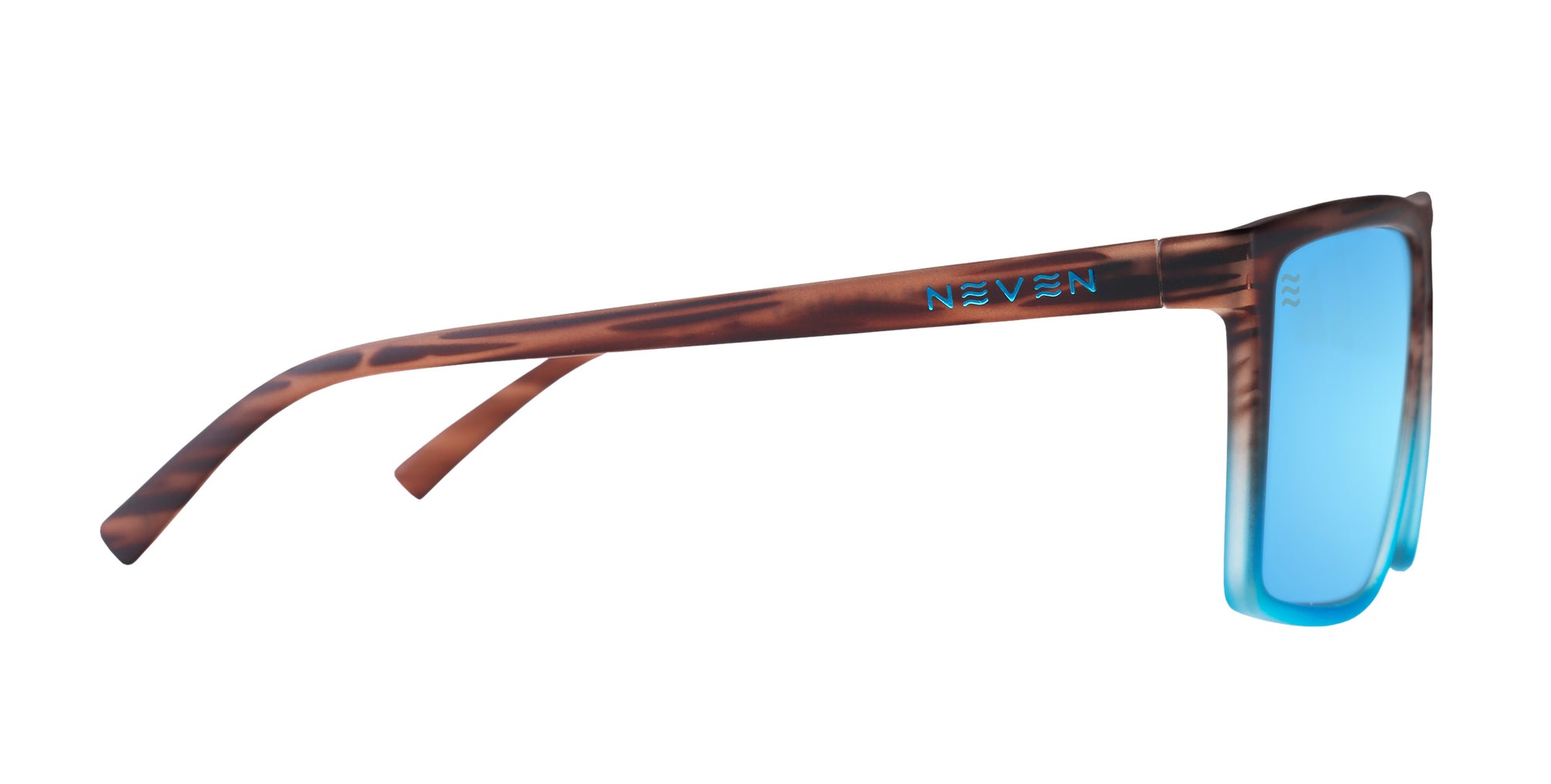 Side view of Melby XL sunglasses with brown tortoiseshell temple, turquoise front and blue mirrored lens on white background