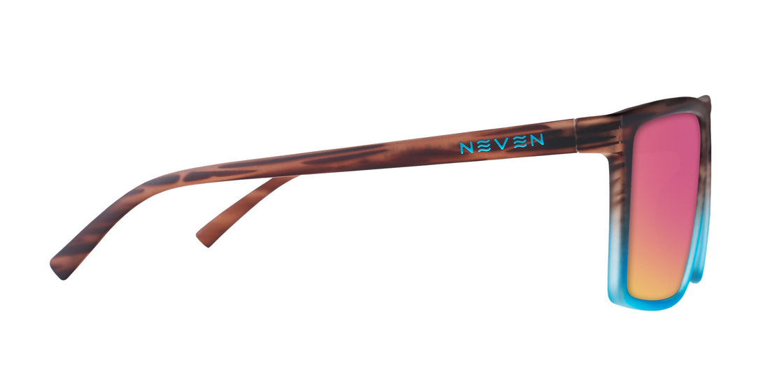Side close up of Melby XL showcasing wood grain brown temple, turquoise NEVEN logo and pink mirrored lens on white