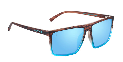 Three-quarter view of Melby XL polarized sunglasses showcasing brown woodgrain frame and blue mirrored gradient lenses on white background