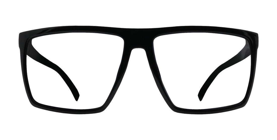 Front view of NYC XL prescription glasses showcasing glossy black rectangular frame and clear lenses on white background