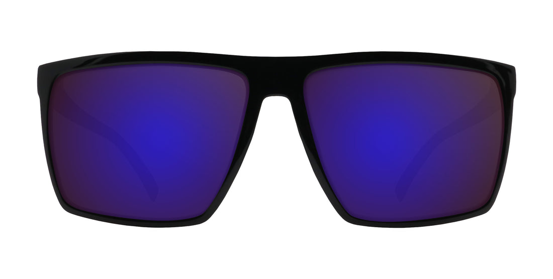 Front view of NYC XL prescription sunglasses showcasing black rectangular frame and purple mirrored lenses on a white background