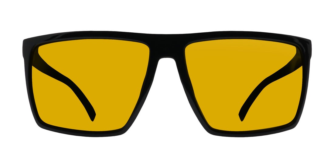 Front close-up of NYC XL prescription sunglasses with black rectangular gloss frame and yellow lenses on white background