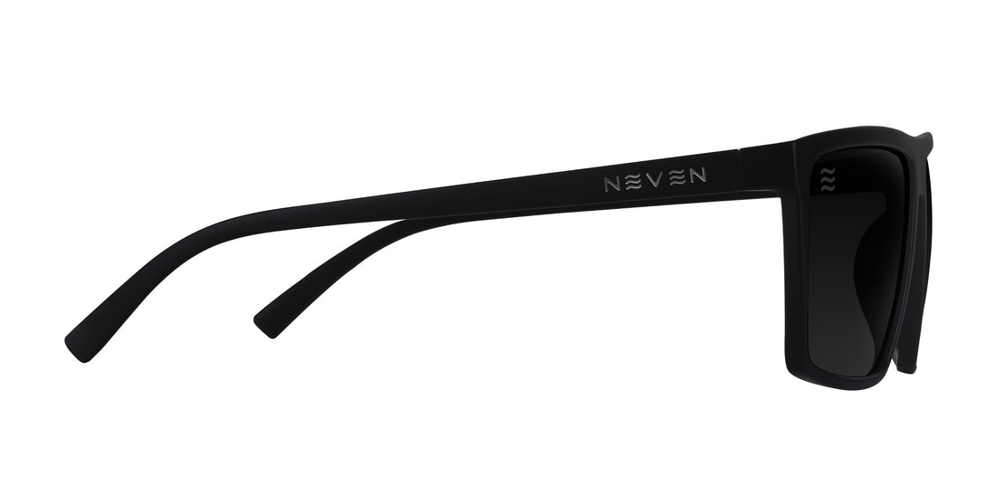 Side view of NYC XL sunglasses showing gloss black frame, black polarized lenses and Neven logo on white background