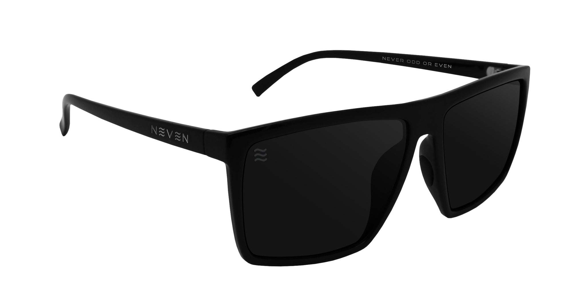 Angled close-up of NYC XL sunglasses showing black rectangular polarized lenses and silver temple logo on white background