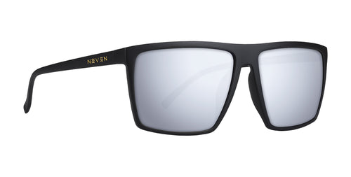 Black sunglasses with reflective lenses on a white background