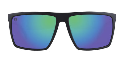 Angled view of Three Of Cups XL polarized sunglasses with blue green mirrored lenses and black frame