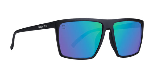 Angled view of Three Of Cups XL polarized sunglasses with blue green mirrored lenses and black frame