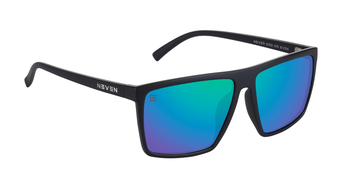 Angled view of Three Of Cups XL sunglasses with black rectangular frame and purple-to-blue-to-green mirrored lenses on white background