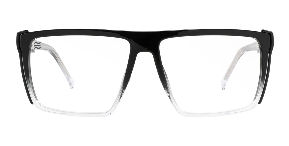 Front view of Colorado Bulldog Z87+ safety glasses showcasing black and clear frames on a white background