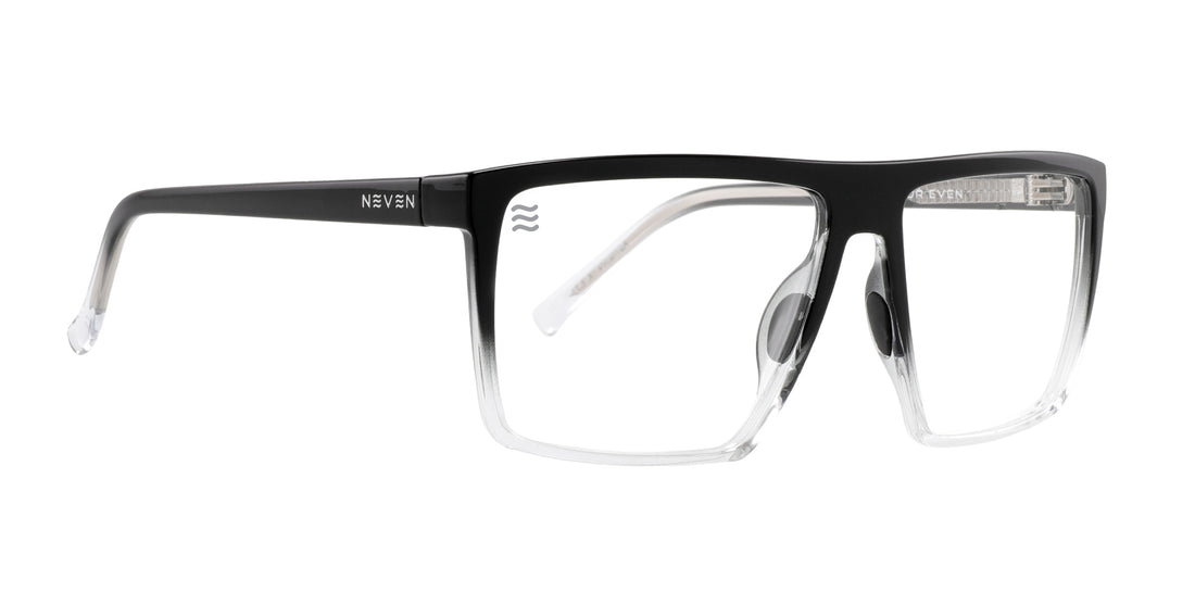 Front three-quarter view of Colorado Bulldog Z87+ safety glasses showcasing a black-and-clear frame with a white background