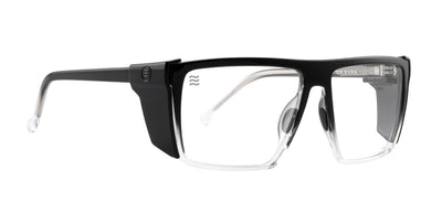 Front three quarter view of Colorado Bulldog Z87+ safety glasses showcasing black frames, clear lenses, and side shields with a white background