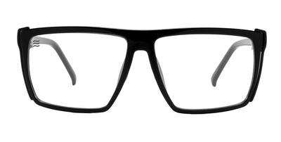 Front three-quarter view of NYC Z87+ safety eyewear showcasing black frames and clear lenses with a white background