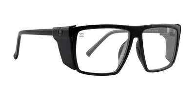 Front three-quarter view of NYC Z87+ safety eyewear showcasing black frames and clear lenses with a white background