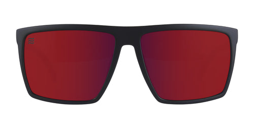 Black frame sunglasses with red polarized lenses.