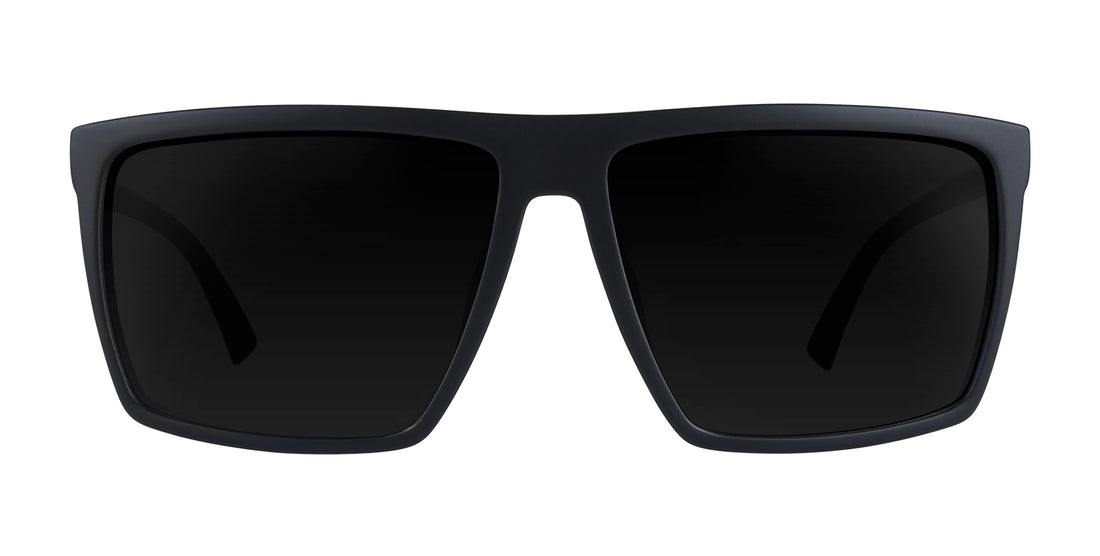 Front view of 212 prescription sunglasses showcasing large matte black rectangular frame and dark lenses on white background