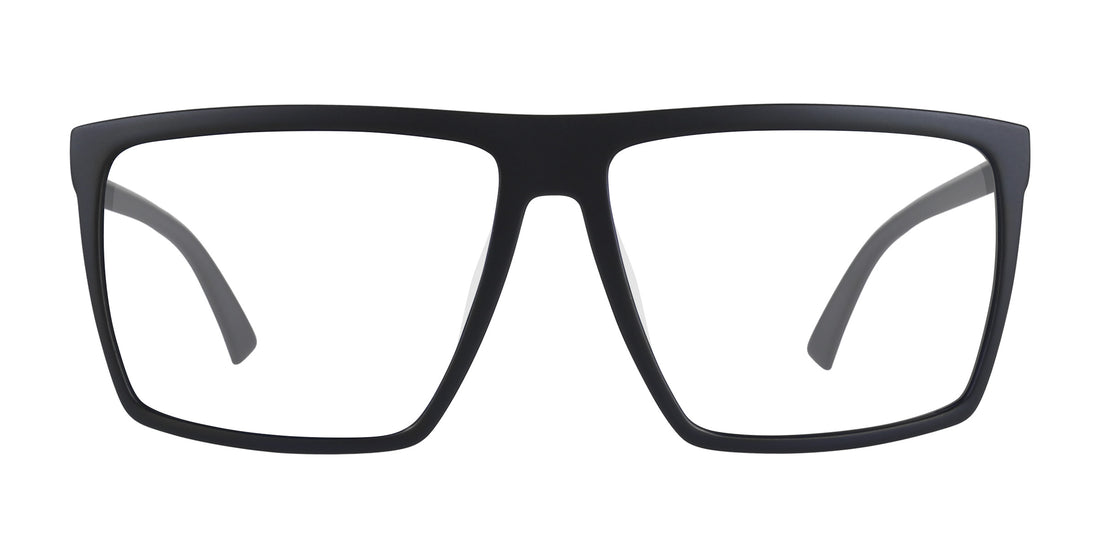 Close-up front view of 212 rectangular matte black prescription glasses showcasing large frame and clear lenses on a white background