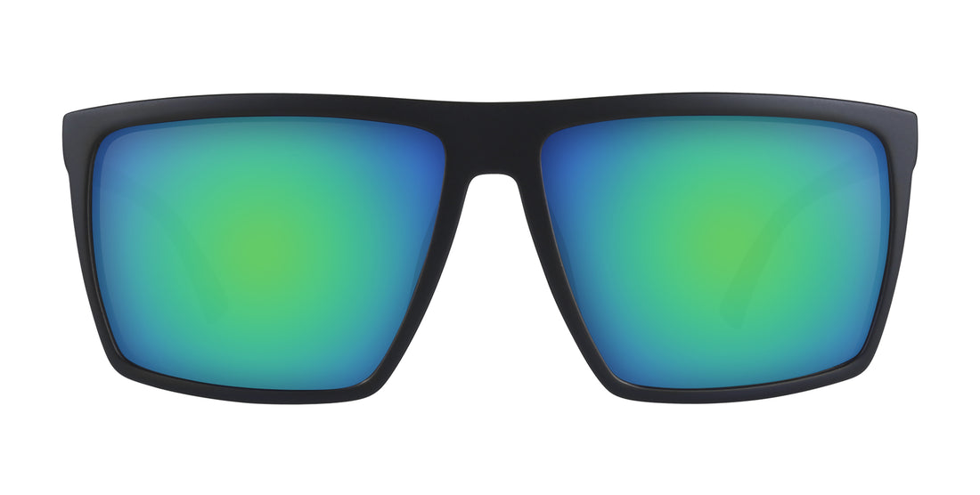 Front view of 212 prescription sunglasses with black rectangular frame and green vibrant mirrored lenses on white background
